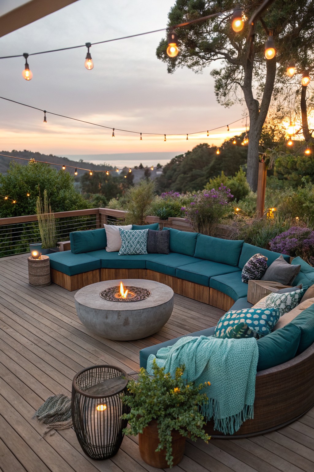 A large curved teal sectional sofa surrounds a round concrete fire pit on a wooden deck, with string lights overhead and hills visible in the background at dusk.