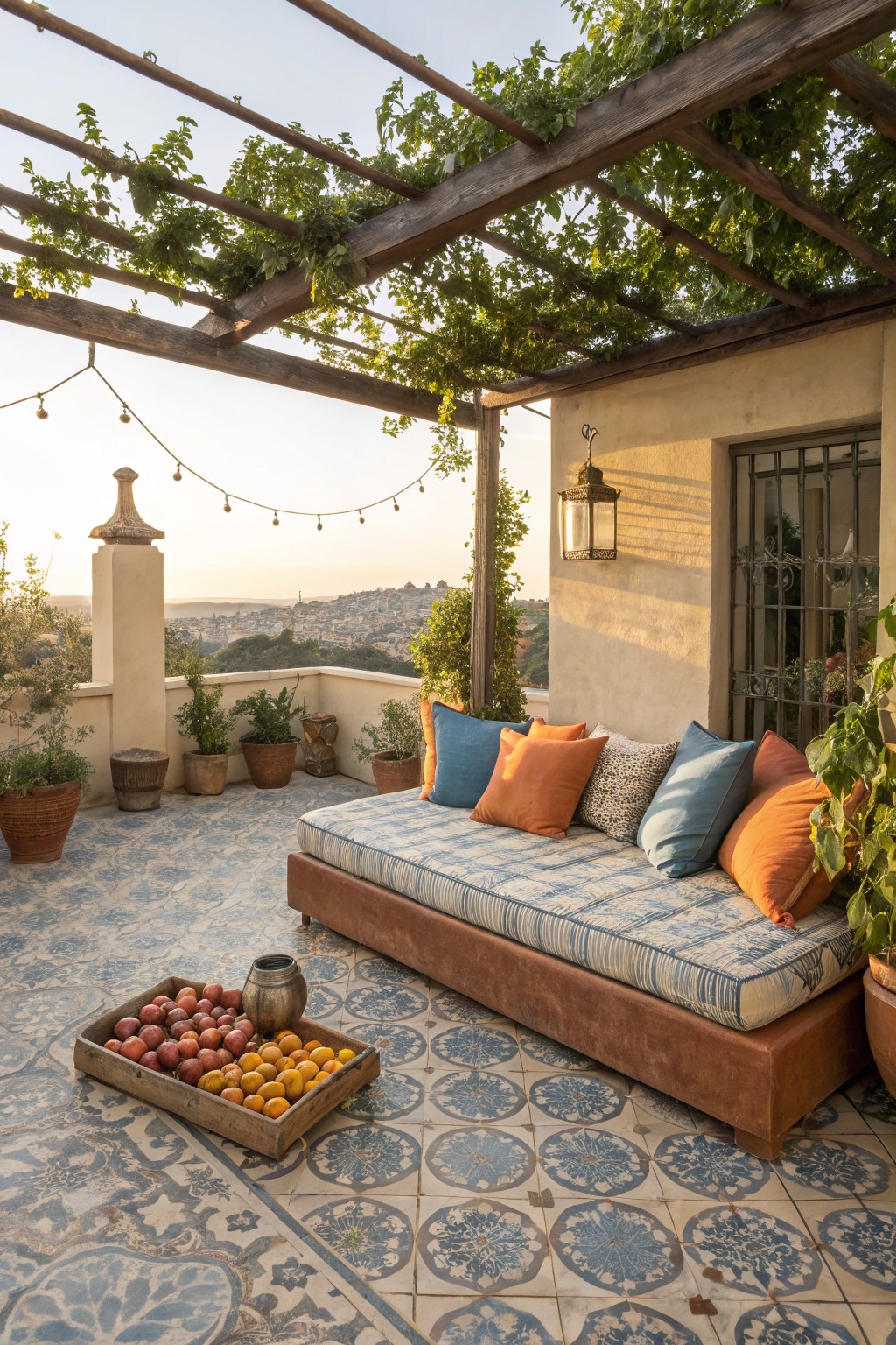 A large daybed with mixed blue and orange cushions sits on a blue and white patterned tile patio beneath a wooden pergola covered in vines.