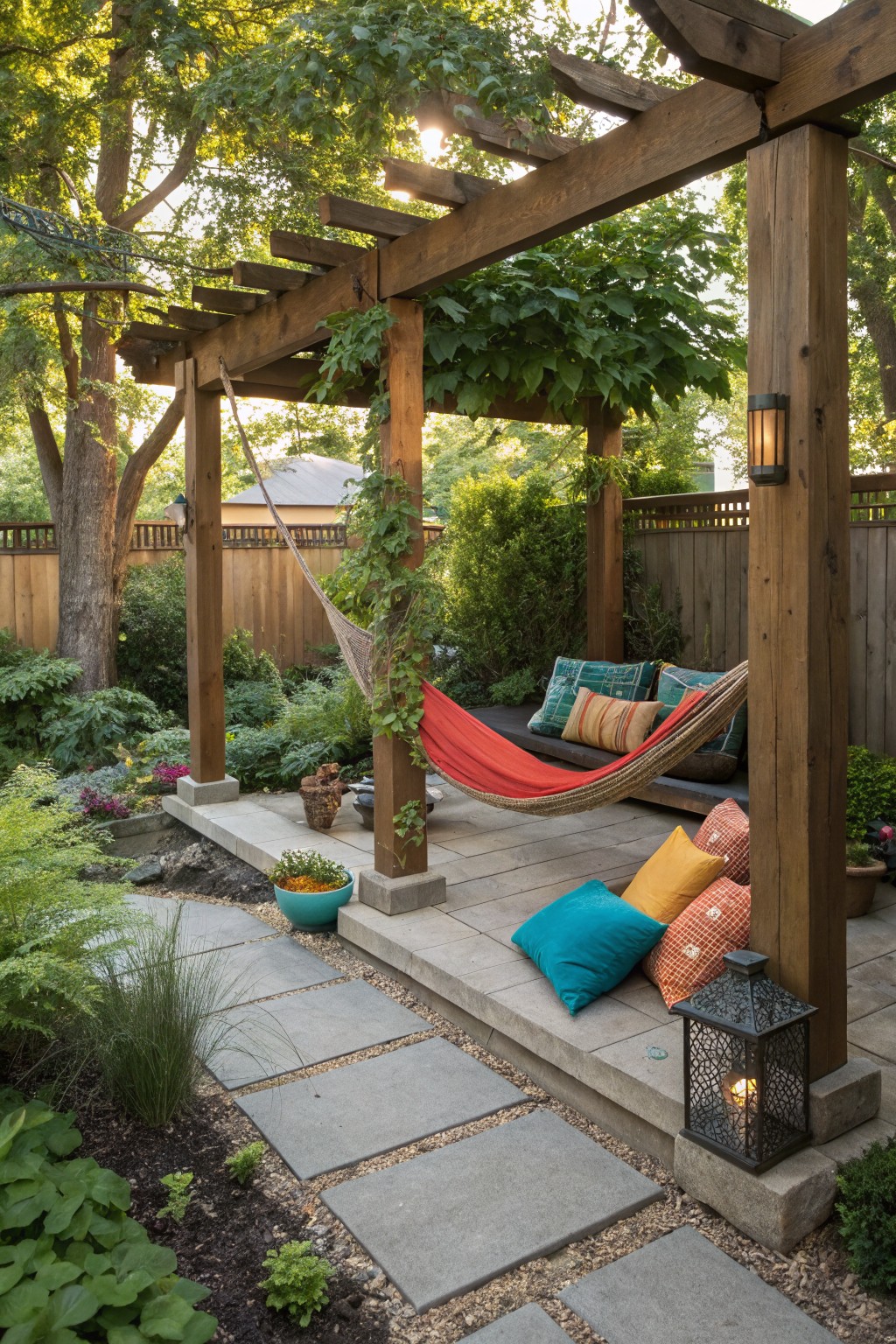 A wooden pergola with a red hammock strung between posts, colorful cushions on the stone patio, and a lit lantern beside it in a garden setting.