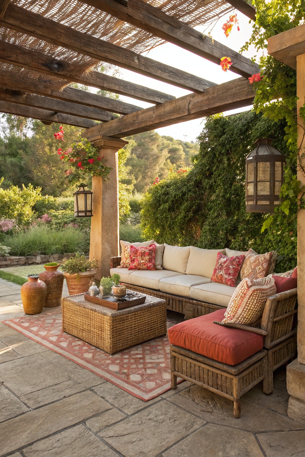 A wooden pergola covers a stone patio with a long sofa and armchair dressed in red and patterned cushions, a woven coffee table, and clay pots along the edge.