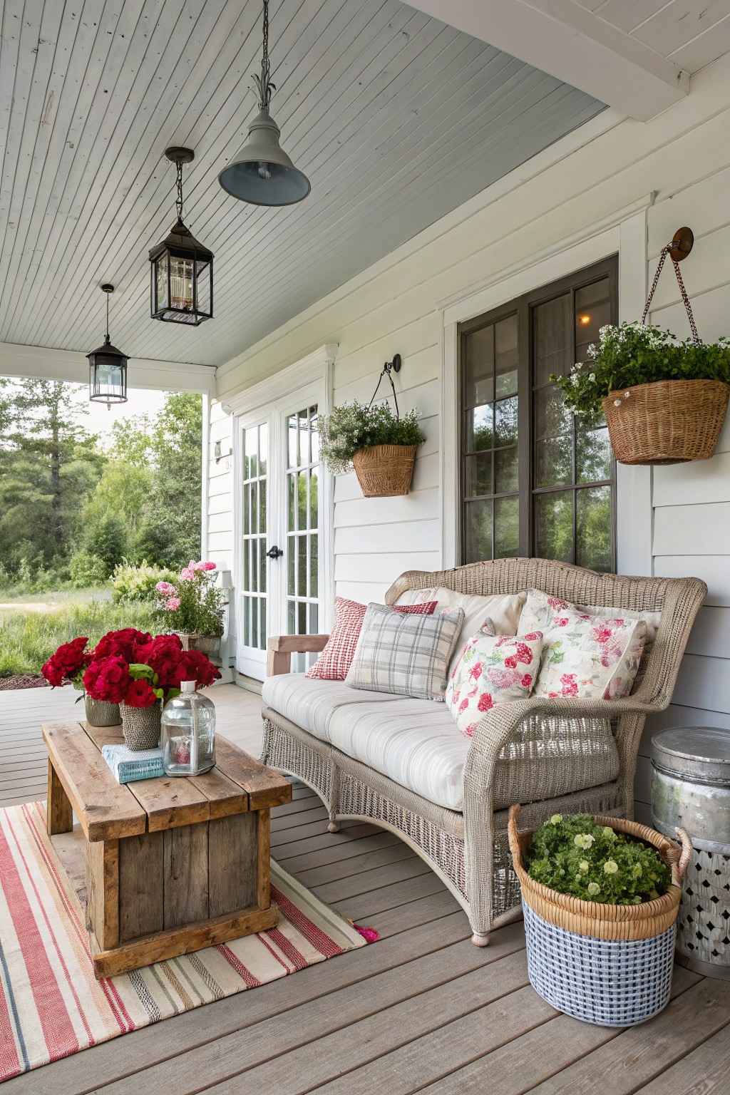 A wicker sofa covered in patterned cushions sits on a wooden porch beside a rustic coffee table and several potted plants.