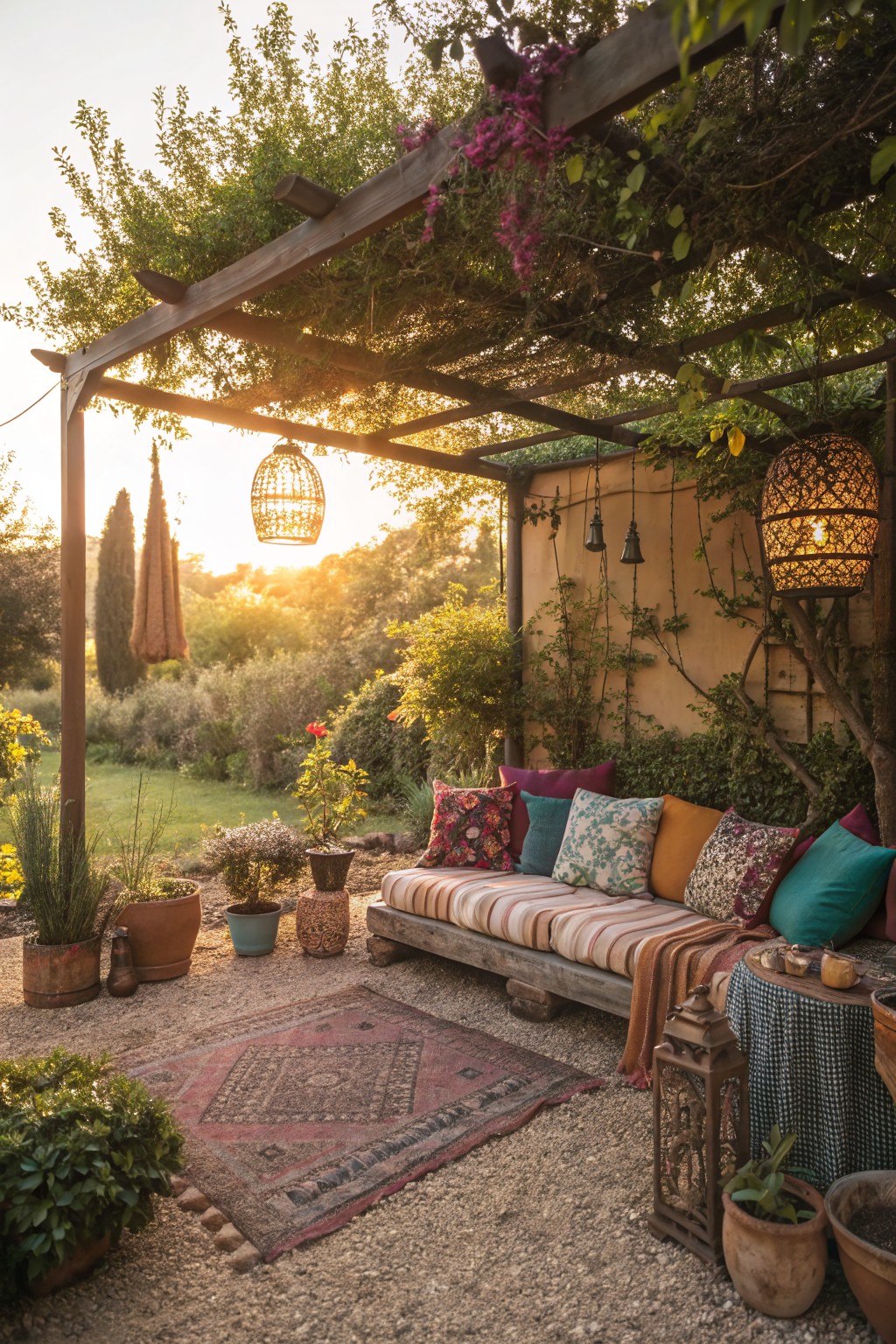 A wooden pergola covers a cushioned bench with colorful pillows on a gravel patio, surrounded by potted plants and hanging lanterns.