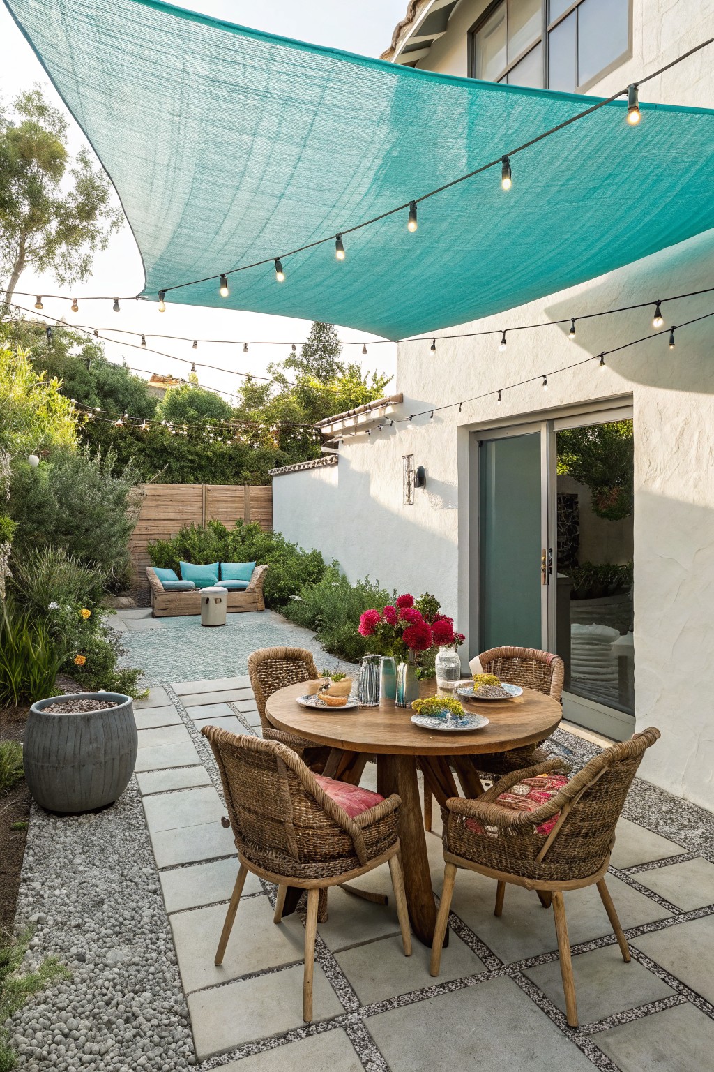 A round wooden dining table with woven chairs on a stone patio beneath a large turquoise shade sail and string lights.