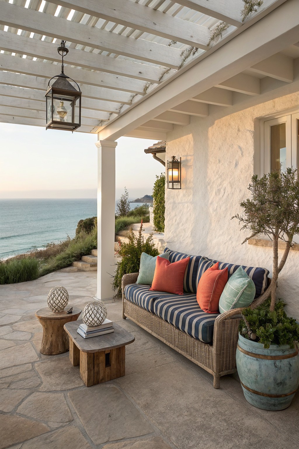 A wicker sofa with blue and white striped cushions and colorful pillows sits on a stone patio under a white pergola with lanterns and a barrel planter.