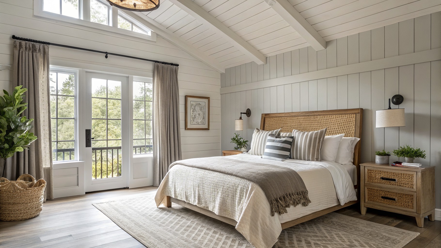 A bedroom with light greige walls and wood furniture.