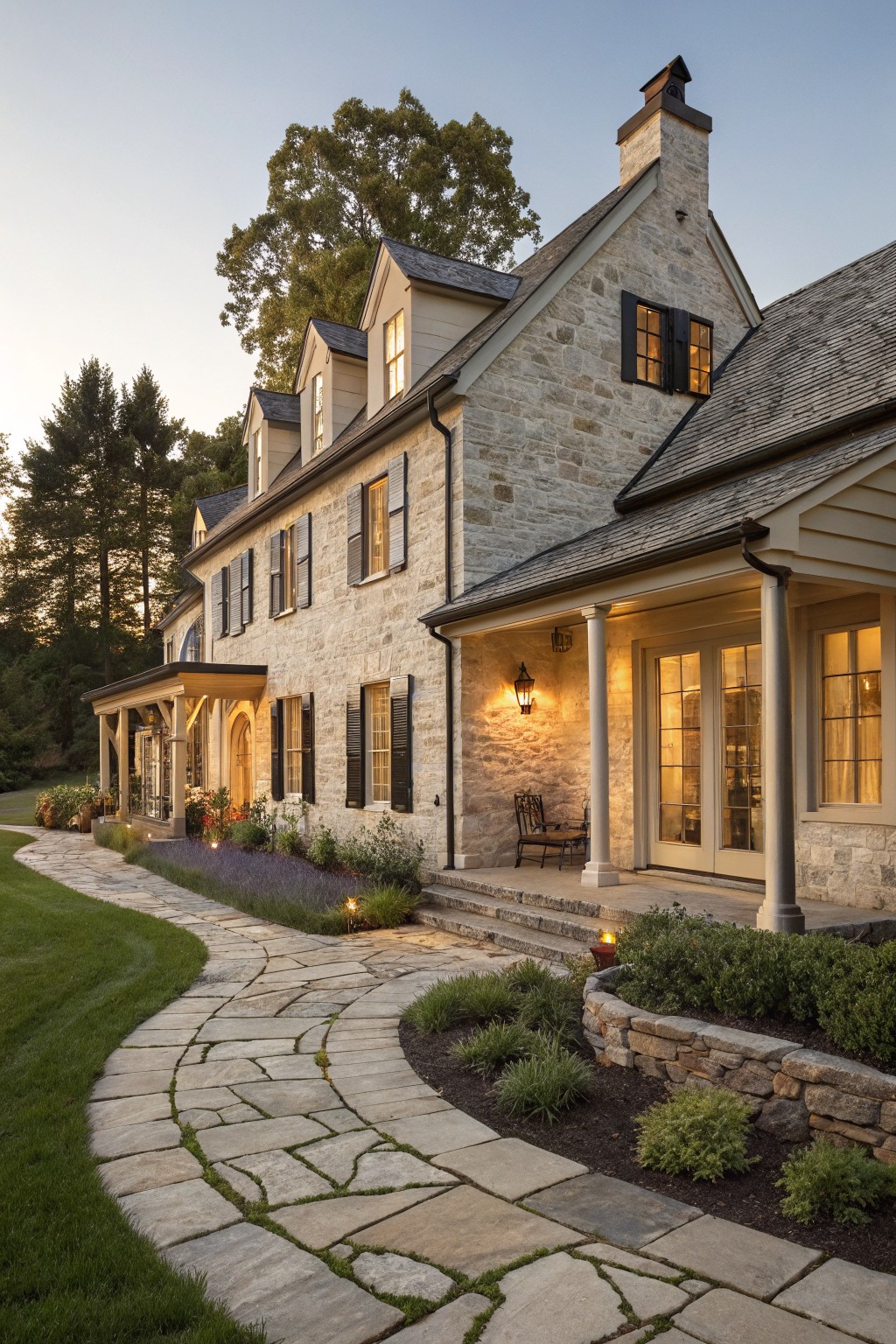 A stone farmhouse exterior with light greige siding.