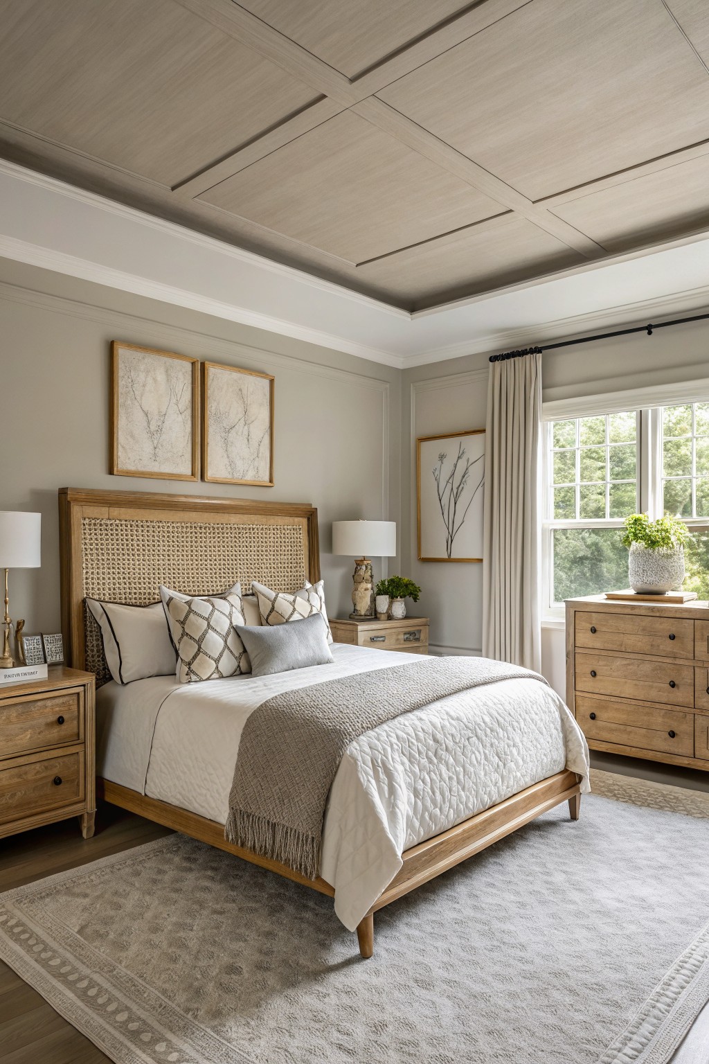 A bedroom with soft greige walls and a wooden bed frame.