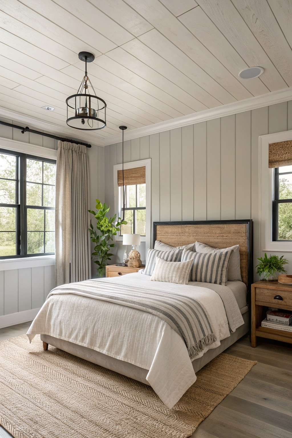 A bedroom with light greige walls and wood furniture.