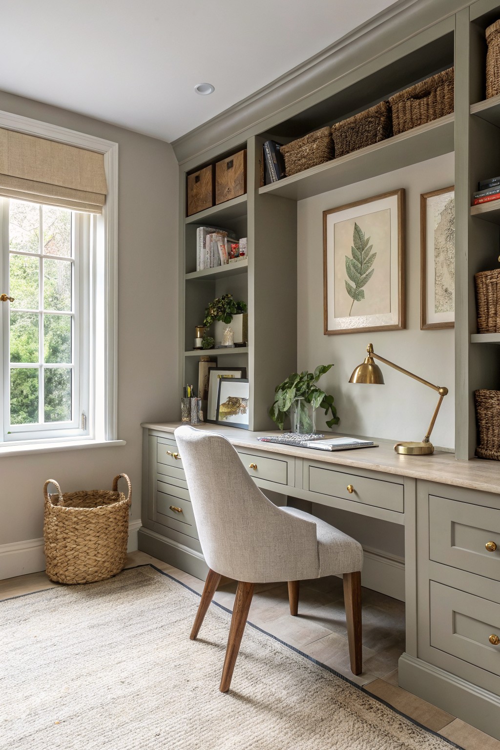 Built-in desk and cabinetry painted in a soft greige color.