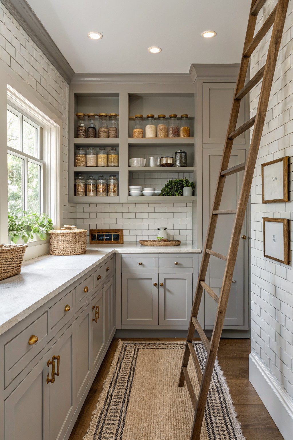 Greige painted cabinets line a farmhouse pantry with open shelving above.