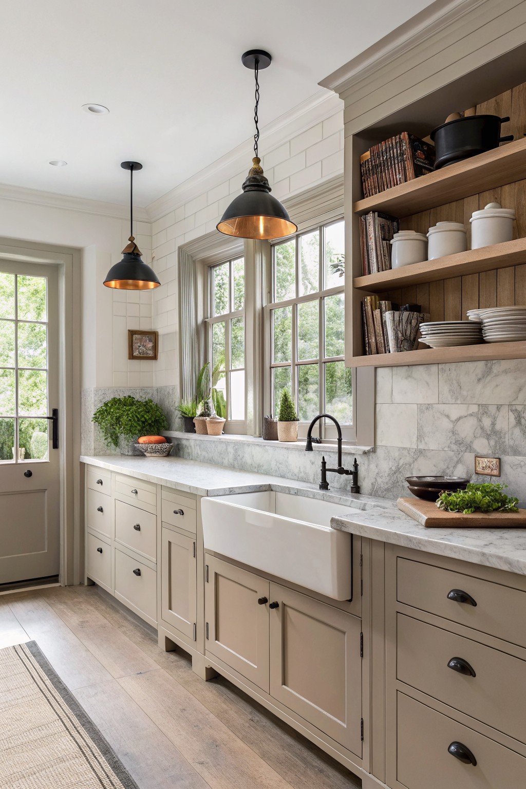 Kitchen cabinets painted in a soft greige color with marble counters.