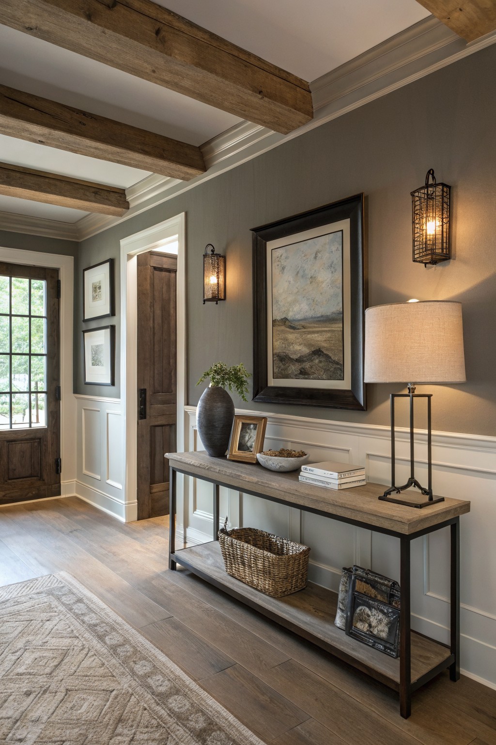 Greige painted walls with white wainscoting in a farmhouse hallway.