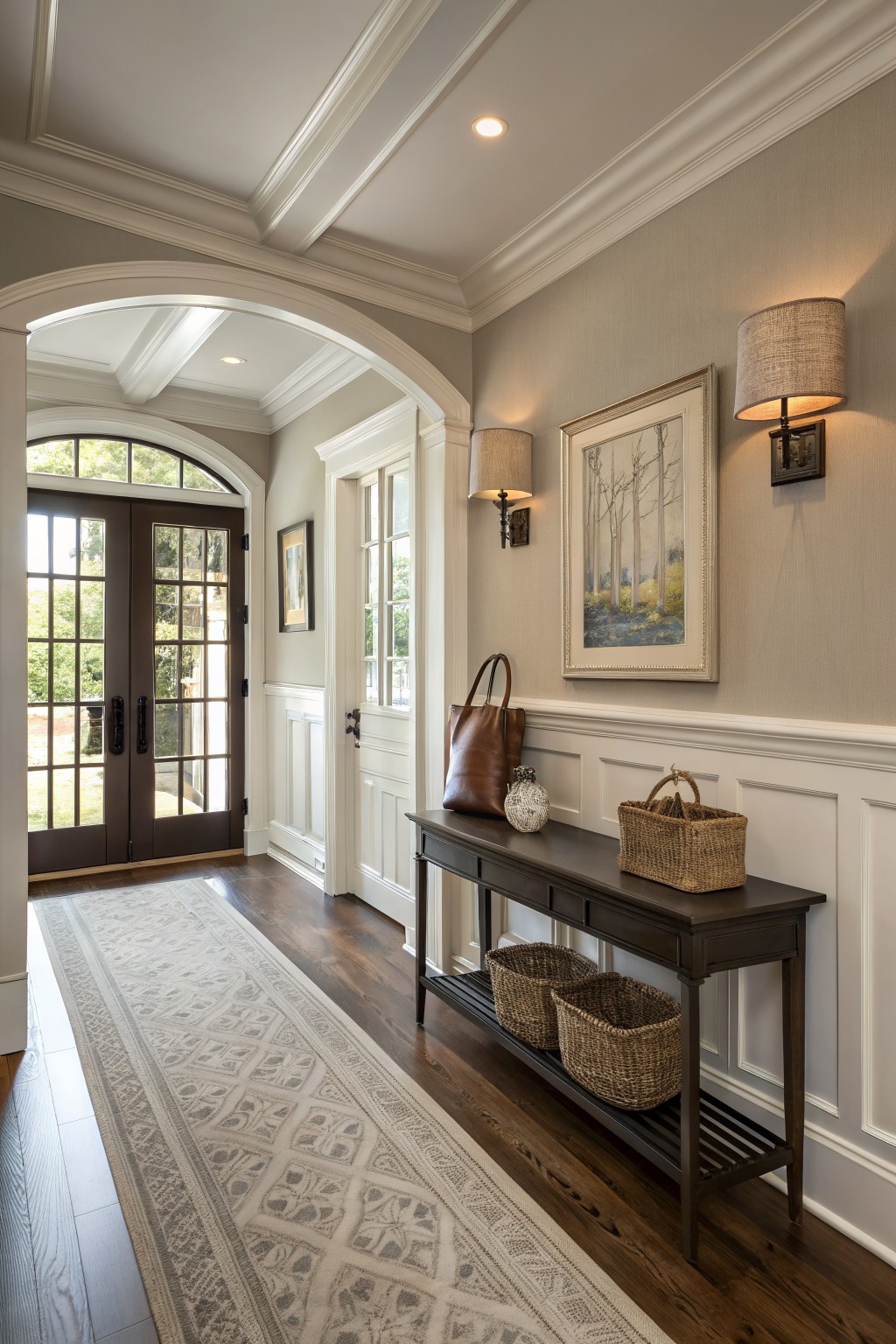 Elegant entryway with dark console table, woven baskets, leather tote, framed art, and sconces.