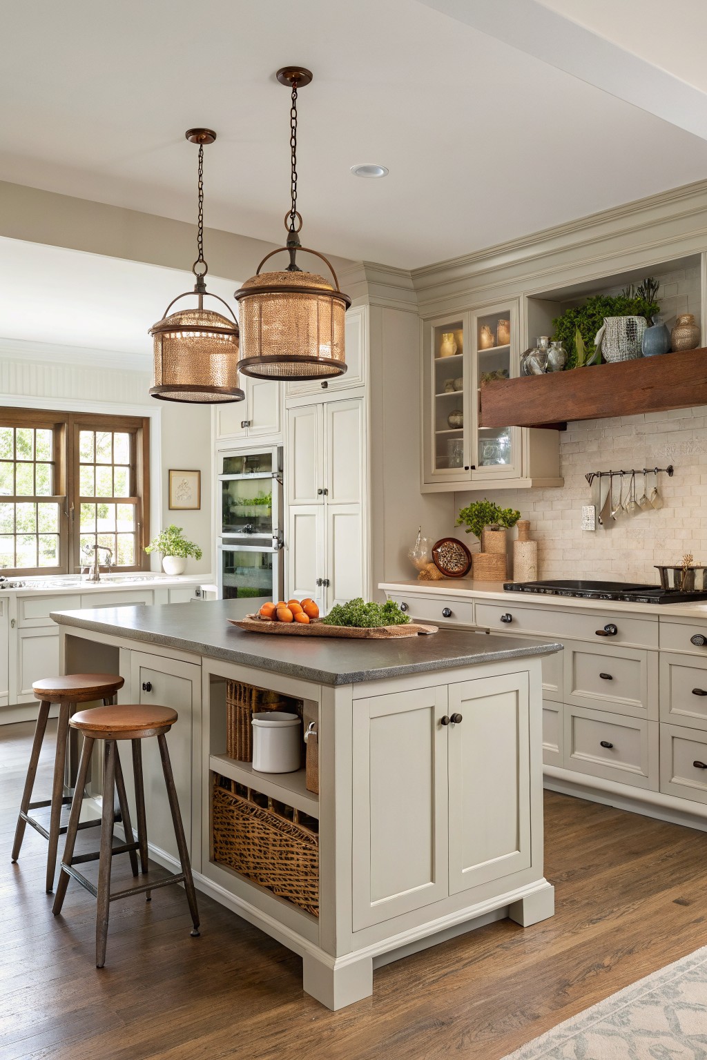 Farmhouse kitchen with soft greige cabinets and an island.