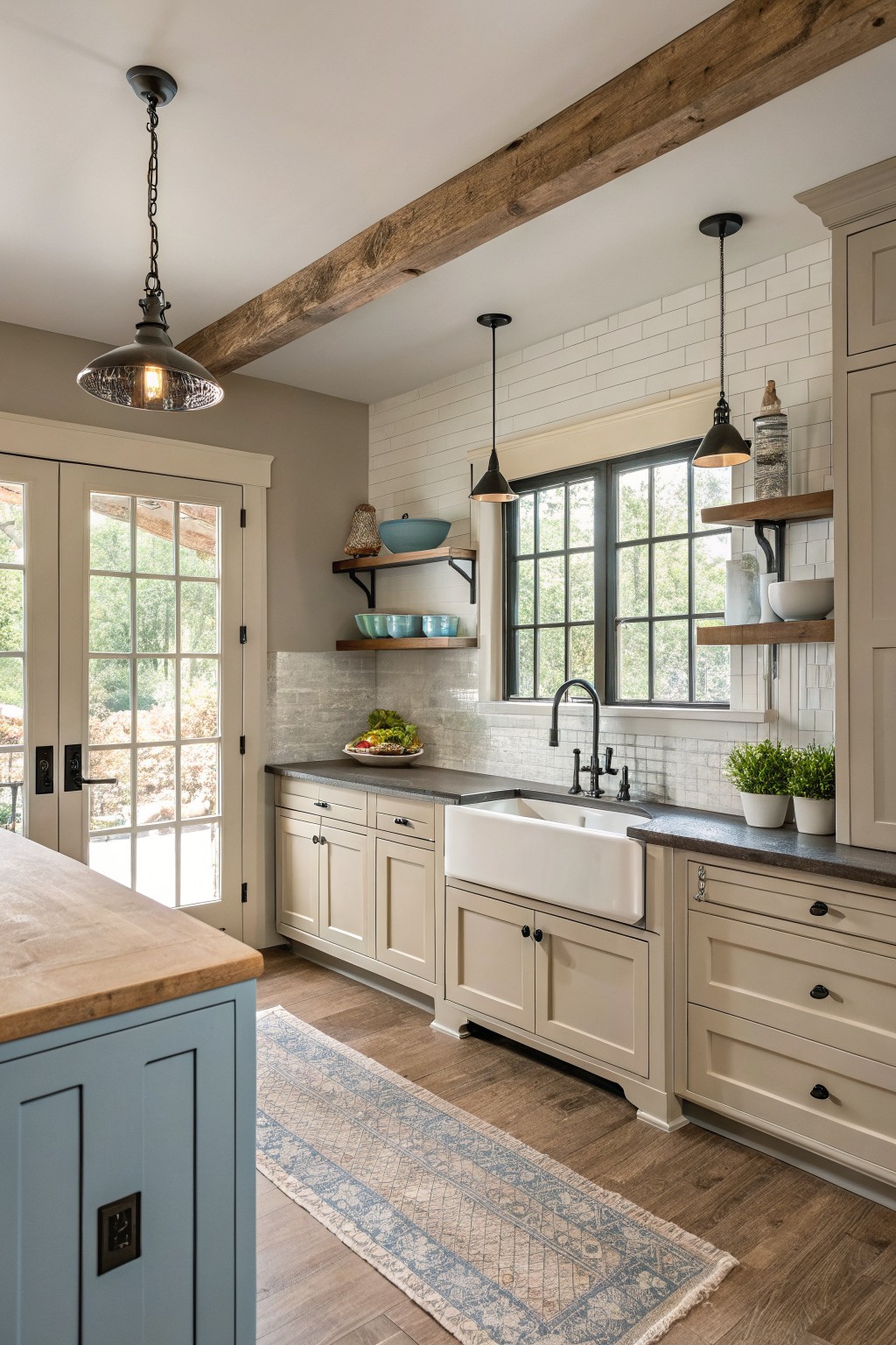 Kitchen cabinets painted in a soft greige finish beside a white farmhouse sink.