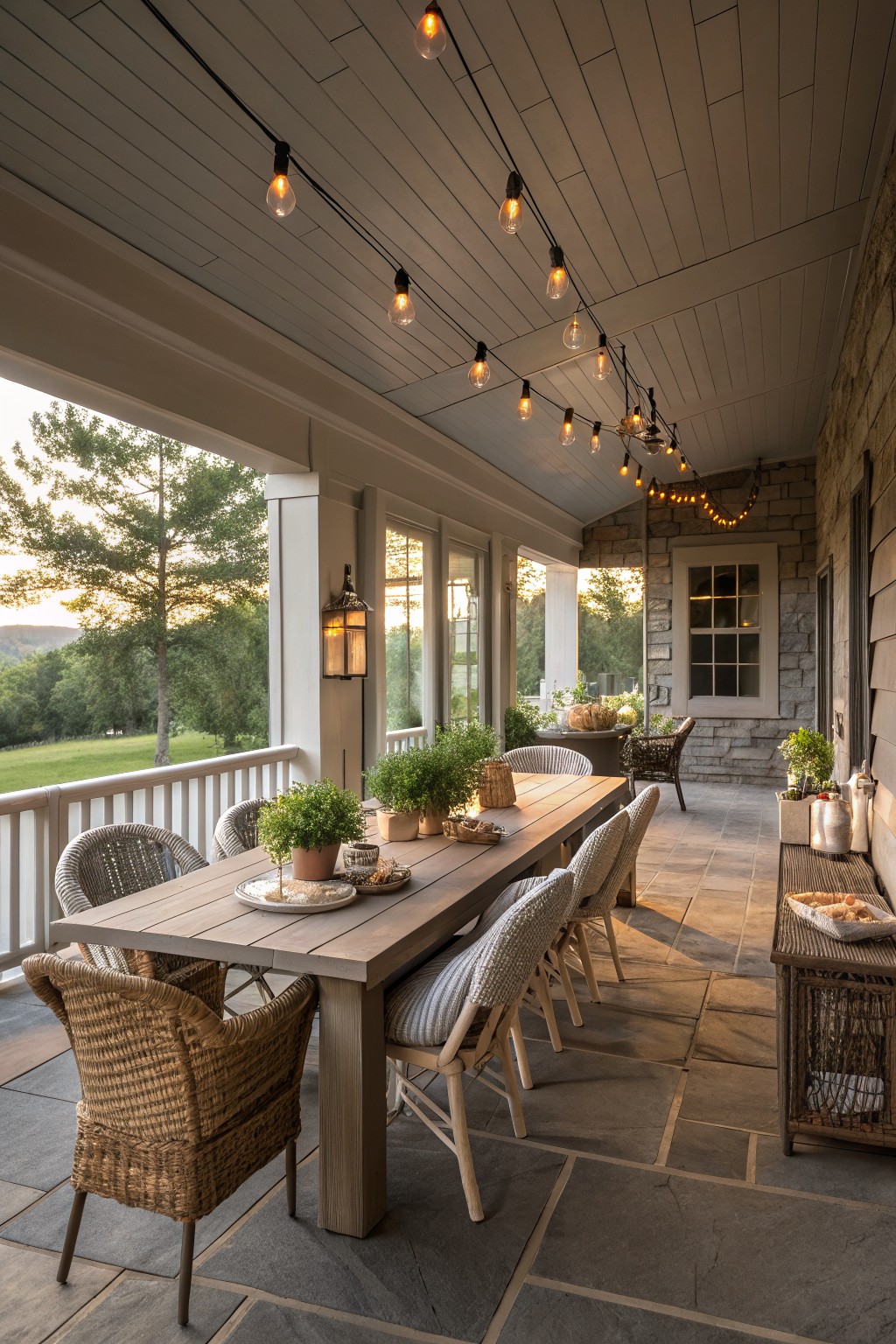 Wooden dining table with wicker chairs on stone patio under string lights at dusk.