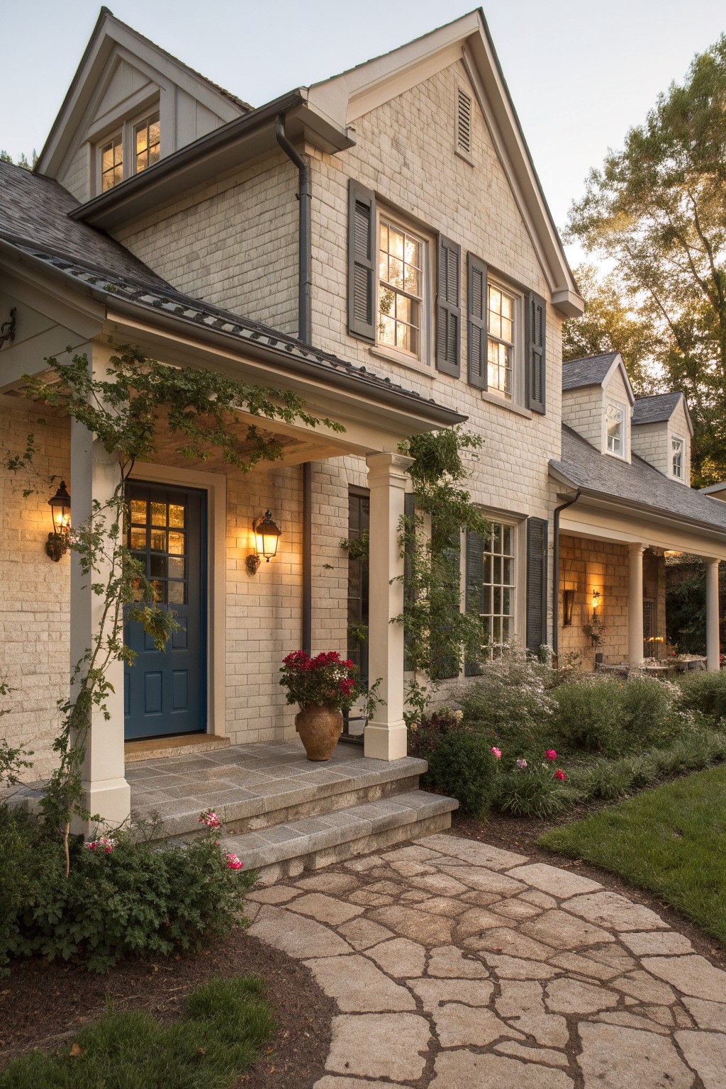 A farmhouse exterior with light greige shingle siding and stone accents.