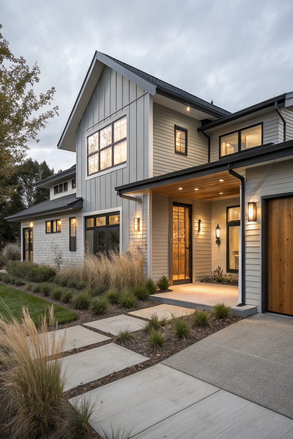 The exterior of a modern farmhouse with light greige siding.