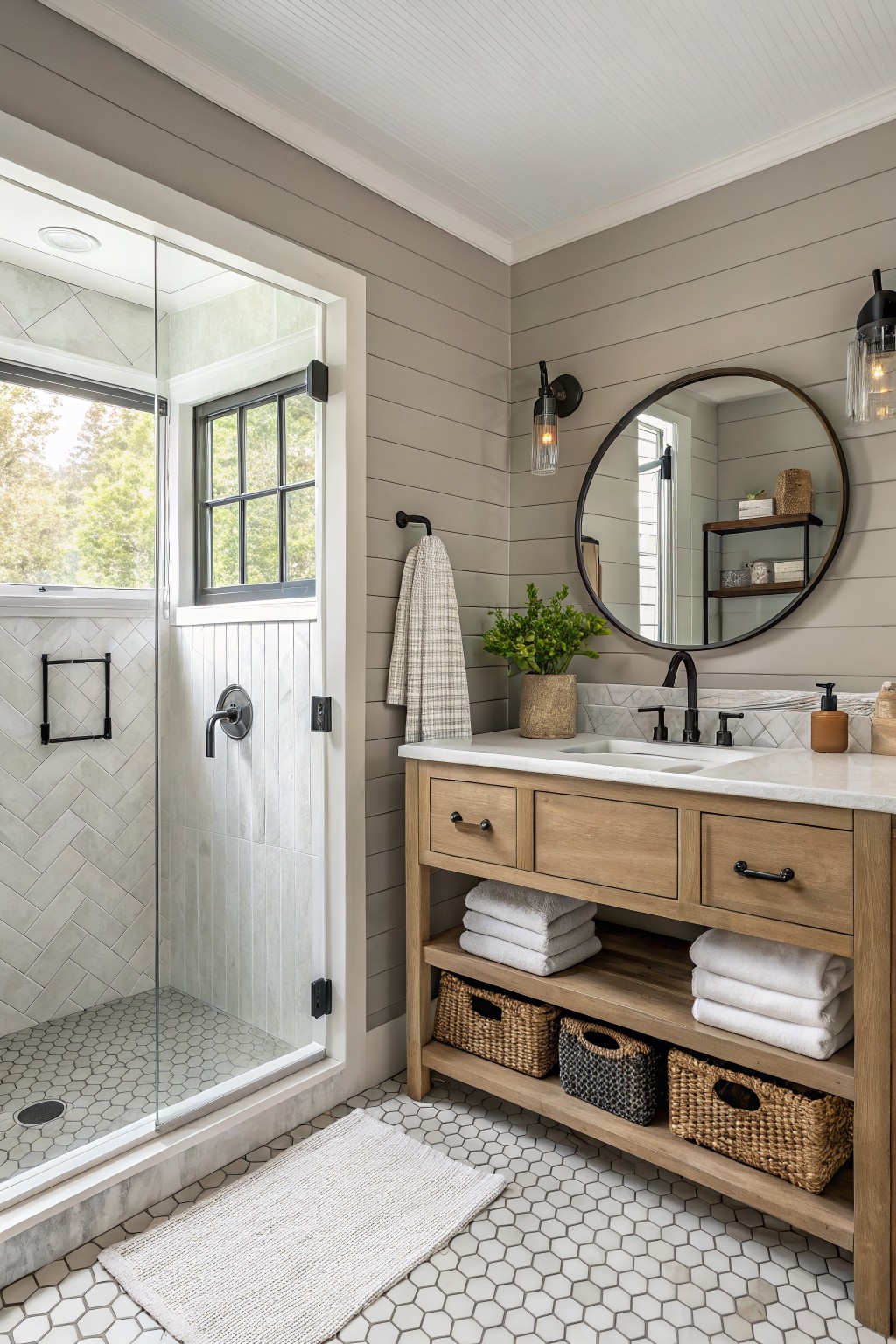 A bathroom featuring soft greige walls paired with a light wood vanity.
