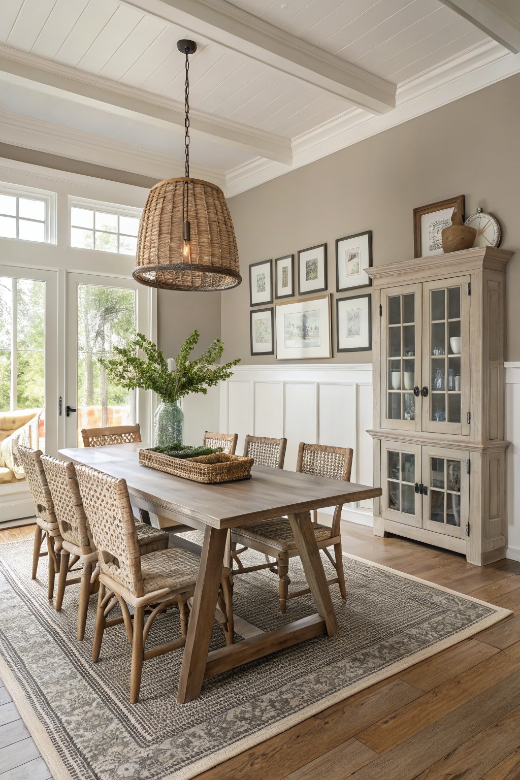 Dining room with soft greige walls above white wainscoting and a wood table.