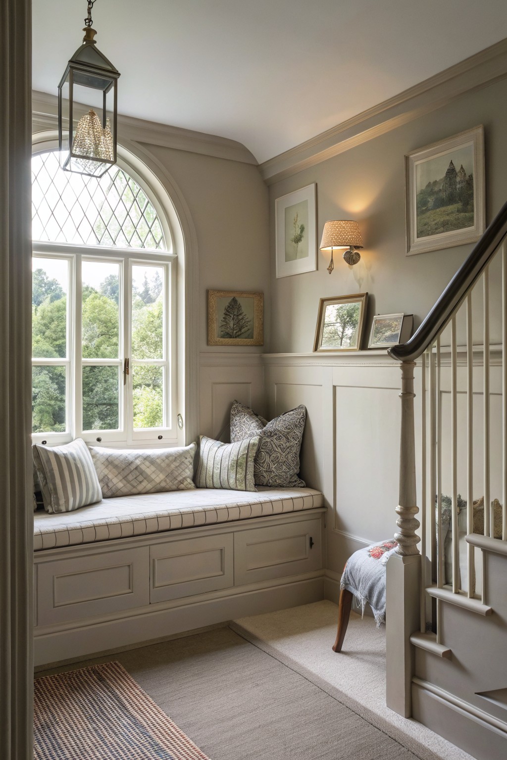 Light greige walls above white wainscoting in a farmhouse window nook.