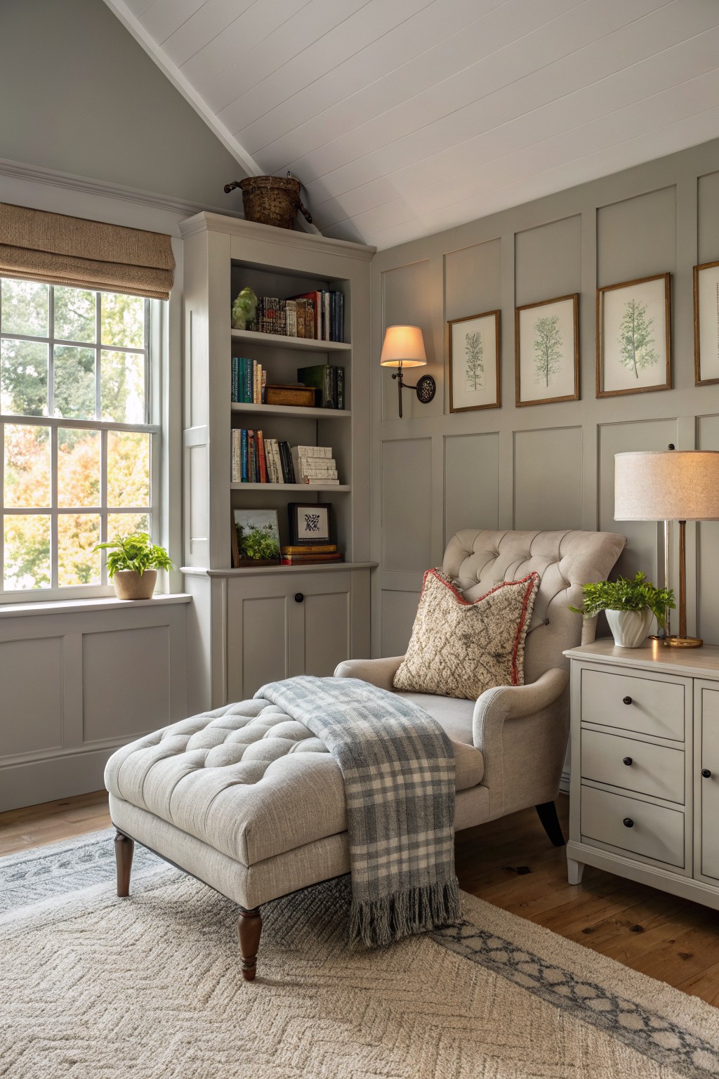 Soft greige walls in a farmhouse-style sitting room with built-in cabinetry.