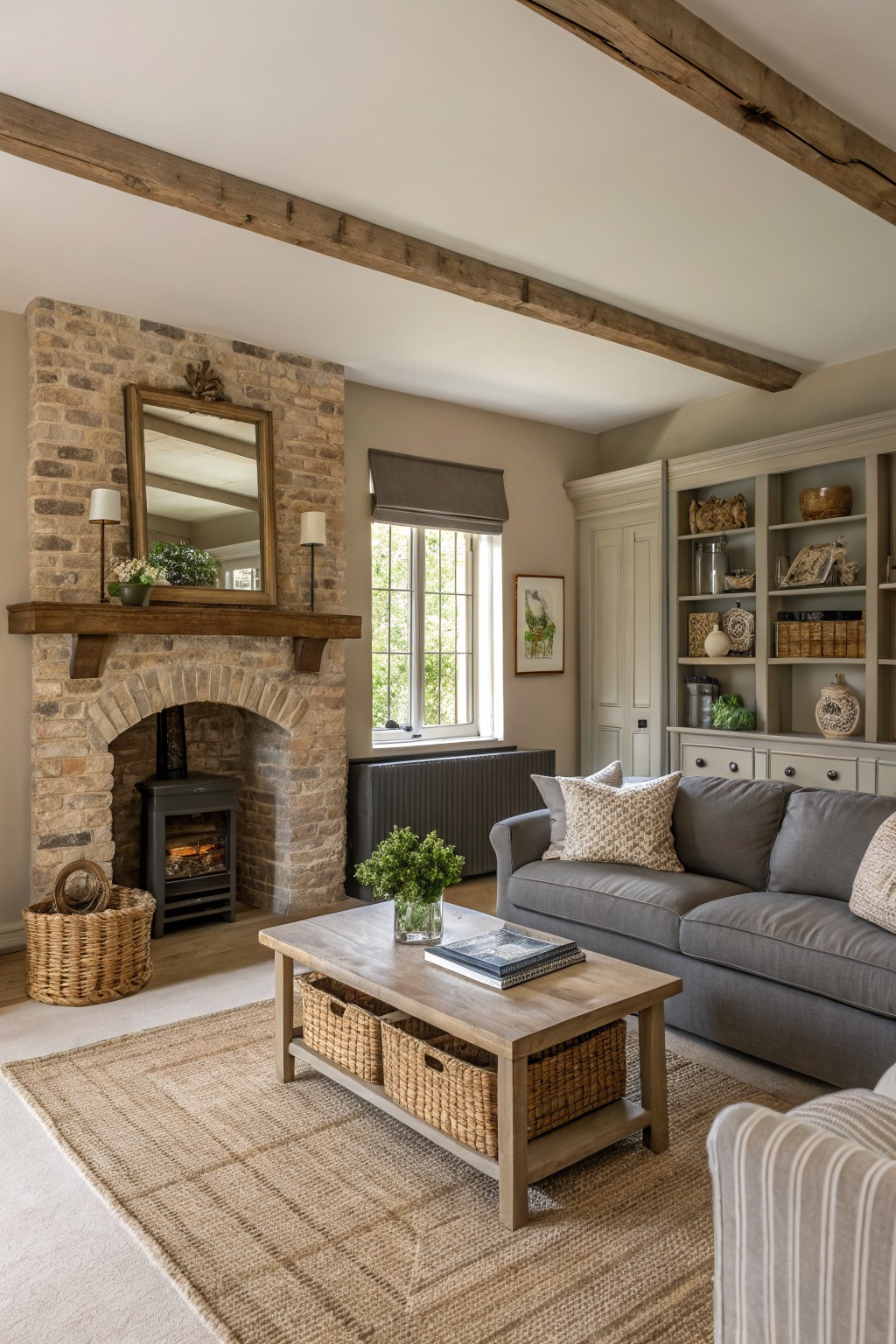 Light greige walls in a farmhouse living room with a stone fireplace and wood beams.