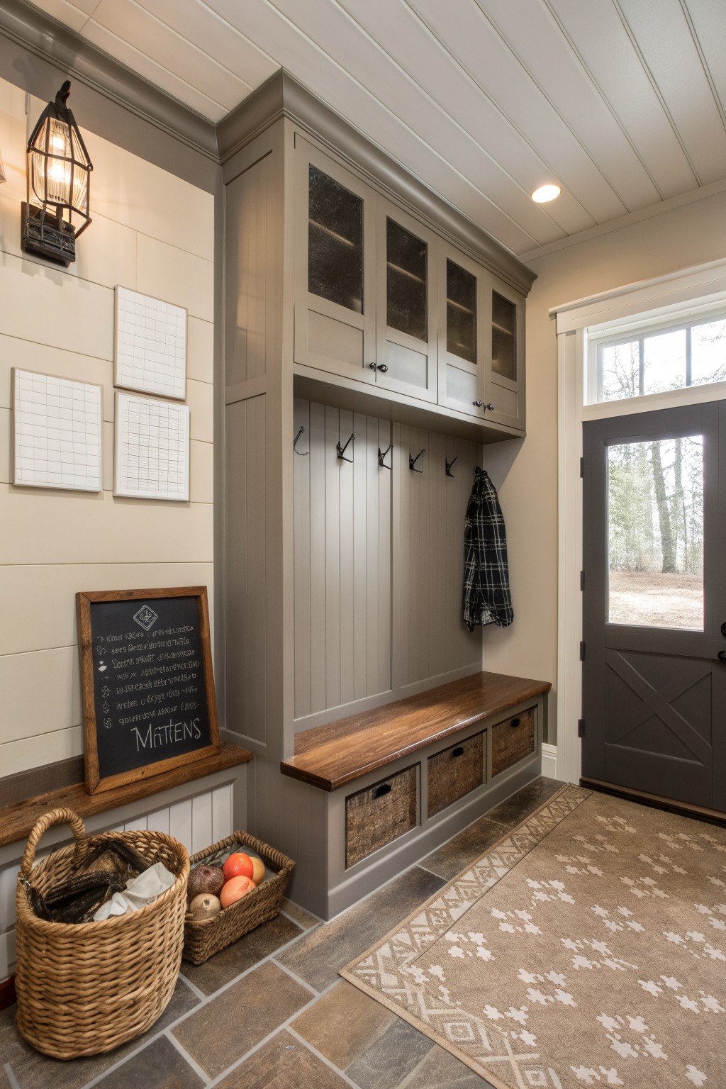 Greige built-in cabinetry and bench in a farmhouse mudroom.