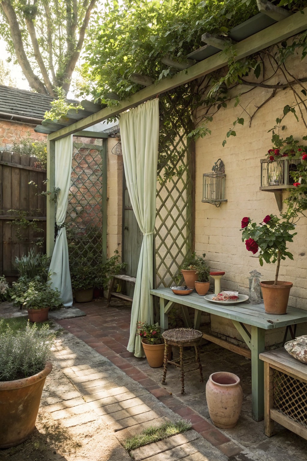 A brick patio under a green pergola with light curtains, a wooden table, potted plants, a trellis, and climbing vines on the wall.
