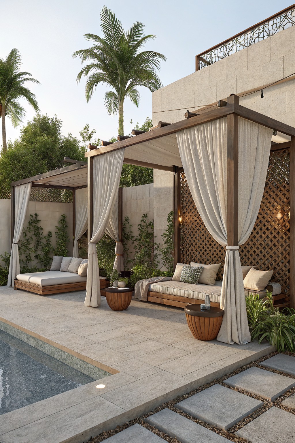 An outdoor patio with wooden pergolas draped in light curtains, cushioned daybeds, round tables, and a pool edge in the foreground.