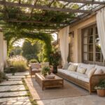 A stone patio under a wooden pergola with white curtains tied to posts, a cushioned sofa, wooden coffee table, and potted plants beside a vine-covered stone wall.