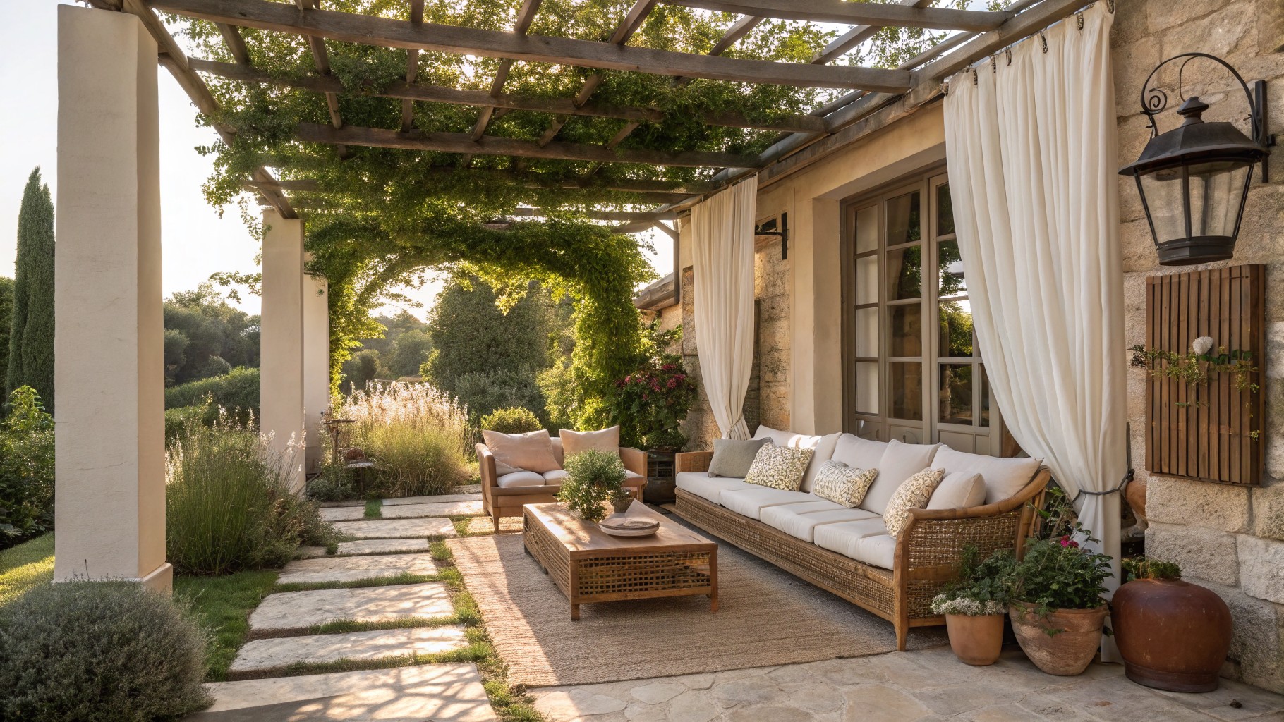 A stone patio under a wooden pergola with white curtains tied to posts, a cushioned sofa, wooden coffee table, and potted plants beside a vine-covered stone wall.