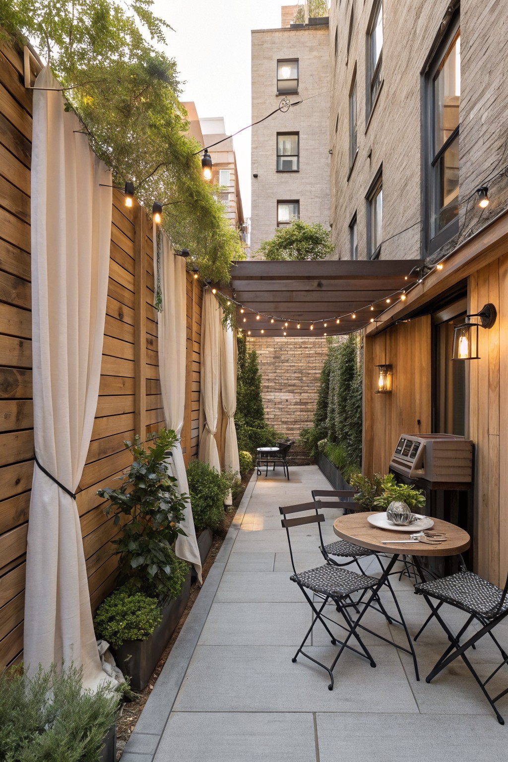 A narrow urban patio lined with wooden fencing, white curtains, string lights, a round dining table with chairs, and potted plants along the edges.