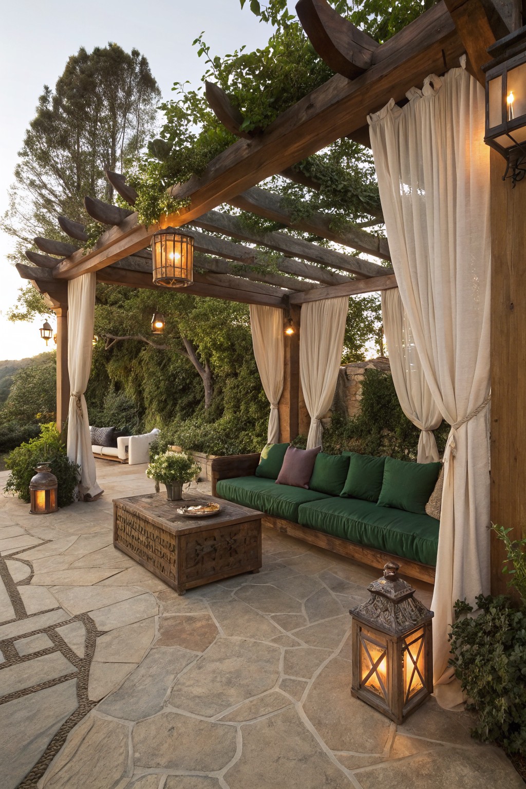 Rustic wooden pergola patio with green cushioned bench, lanterns, and stone floor at dusk.