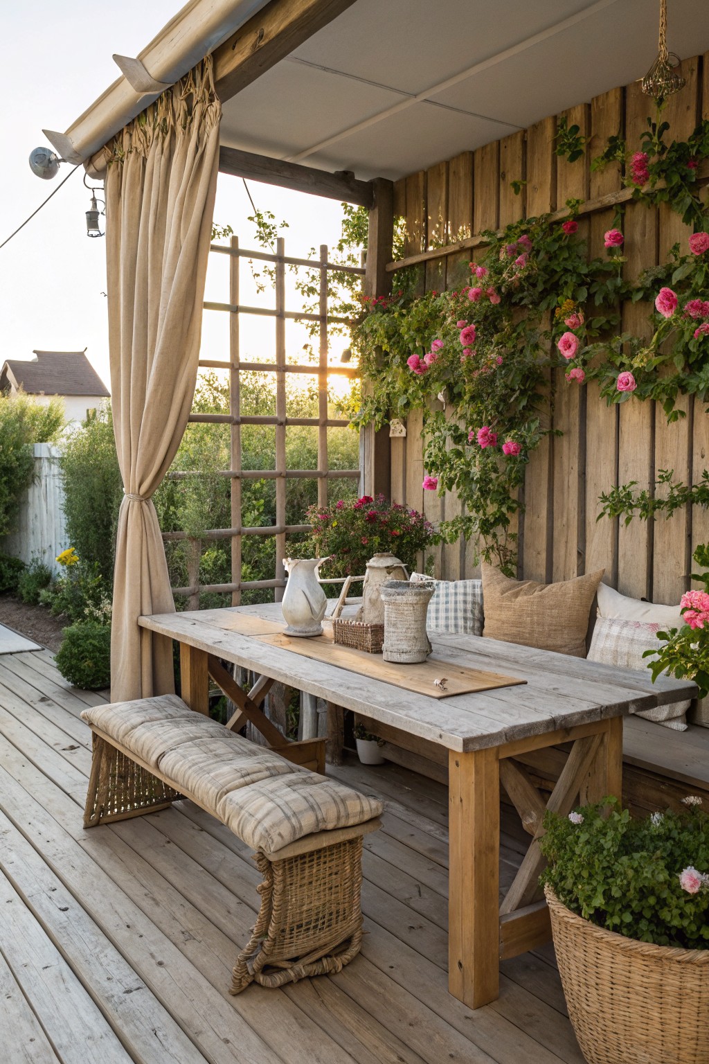 A wooden patio with a long table, bench, and a wall covered in pink climbing roses, next to a beige outdoor curtain and a visible trellis.
