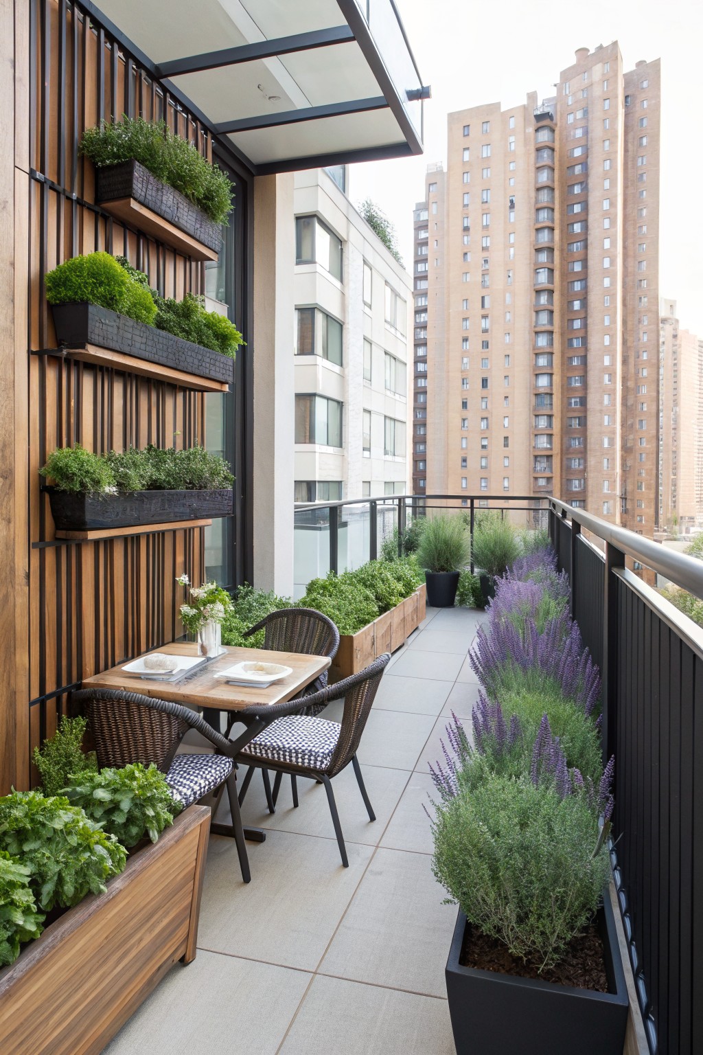 A furnished balcony with a wooden dining table, wicker chairs, wall-mounted planters, and rows of potted shrubs and flowers along the railing, with tall buildings visible beyond.