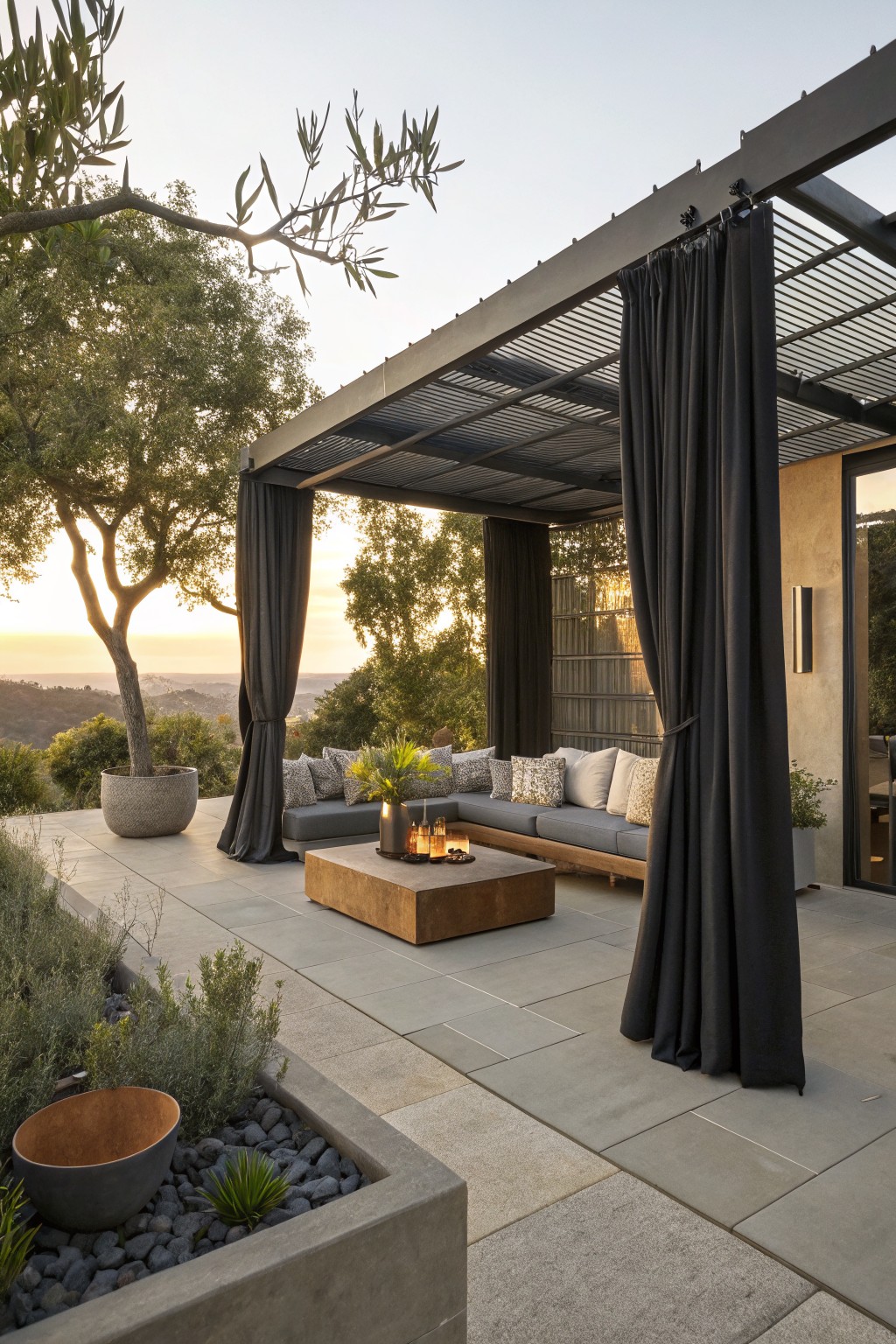 Outdoor patio under a dark metal pergola with long black curtains, a gray sectional sofa, and a concrete fire table on a stone tile floor.