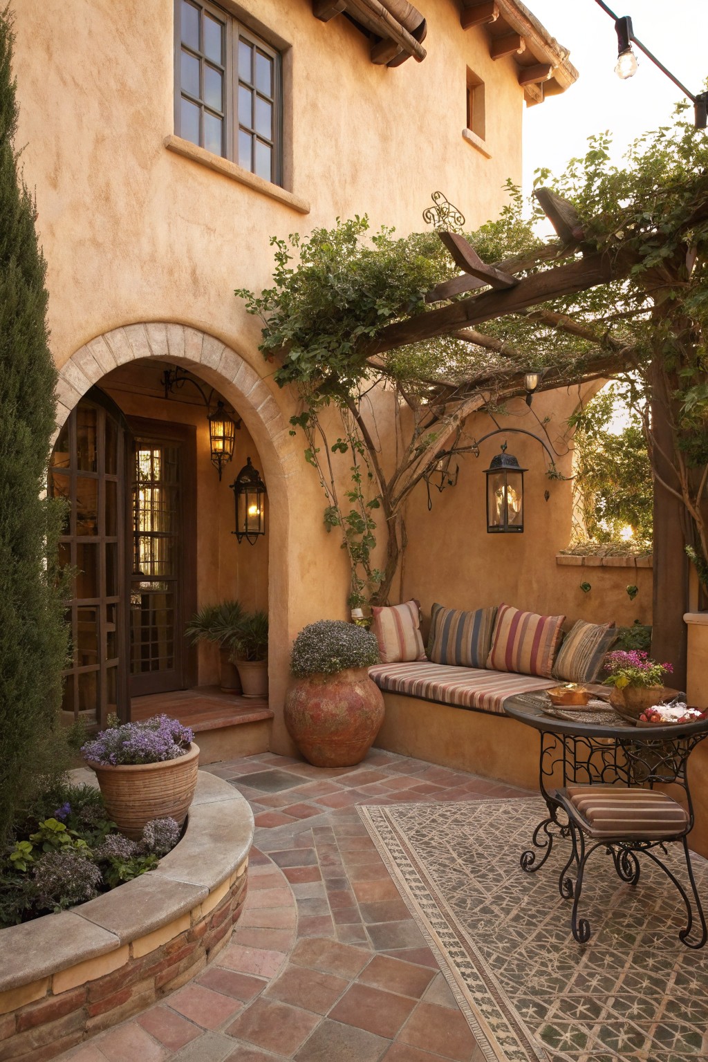 A stucco patio with a wooden pergola covered in vines, a striped cushioned bench, potted plants, and a metal table and chairs on terracotta tile.