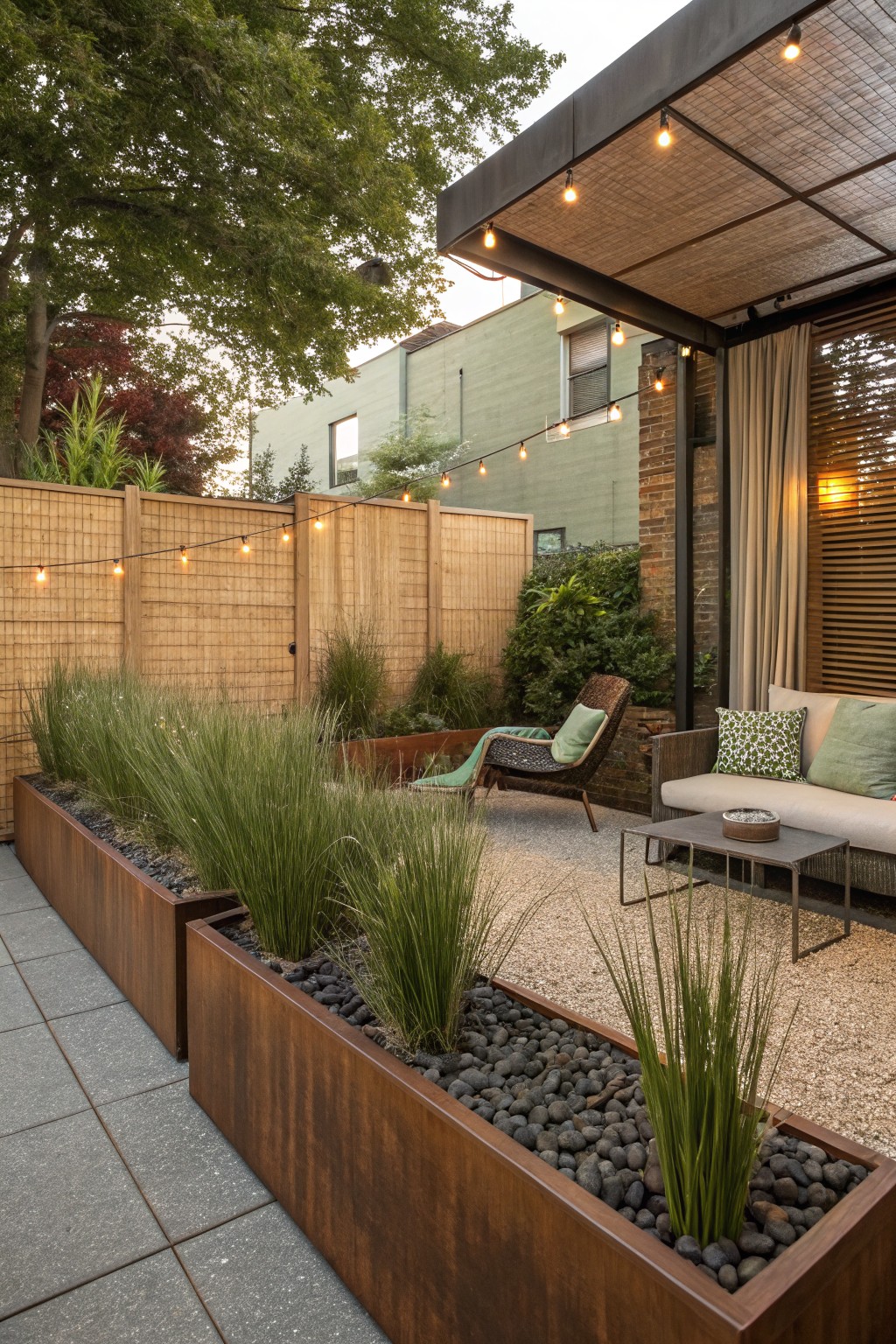A patio area with multiple raised metal planters holding tall green grasses, a wooden fence, outdoor seating furniture, and string lights strung overhead.