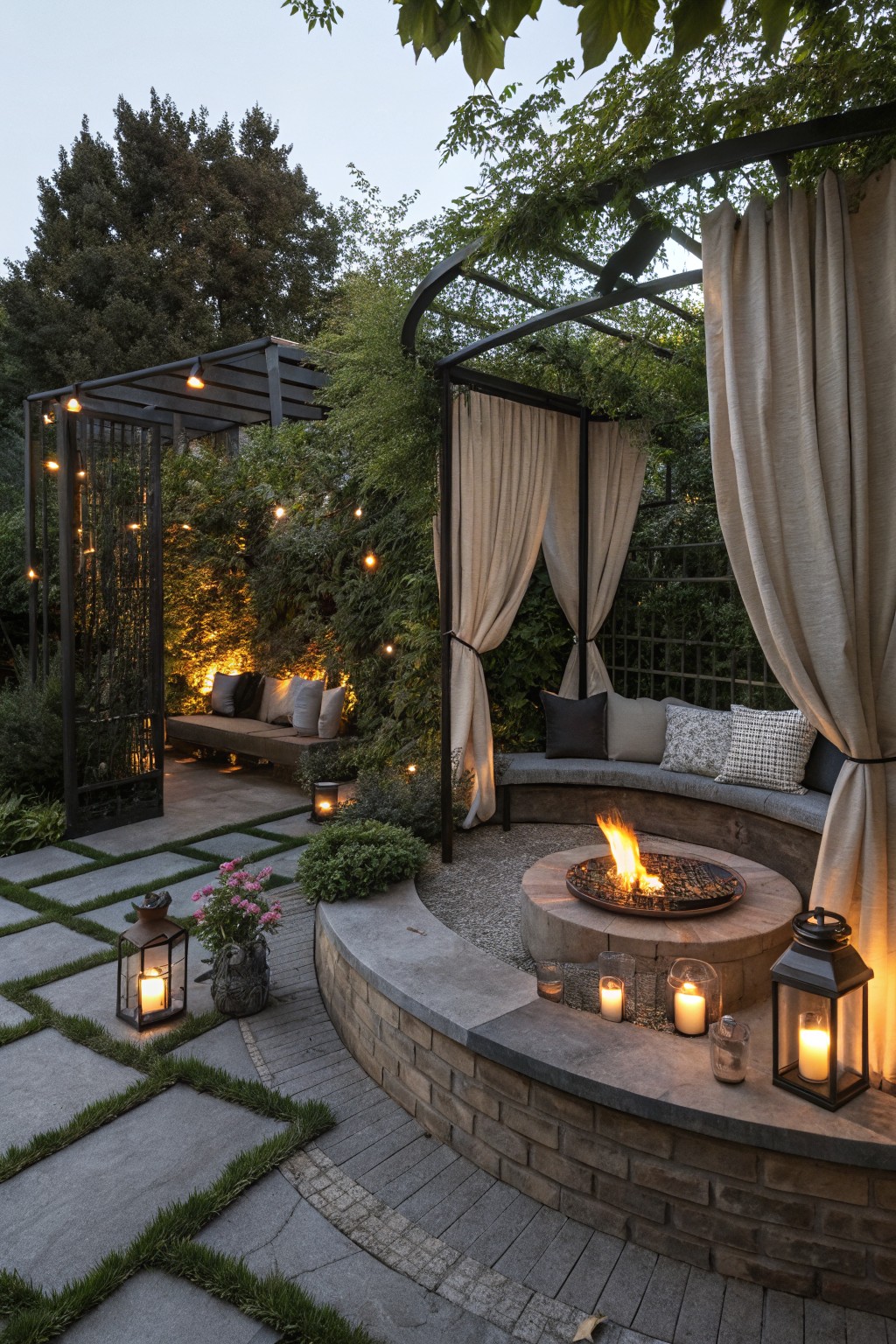 A curved patio seating area with a central fire pit, cushioned bench, and beige curtains draped from a black metal pergola structure, accented by lanterns and greenery.