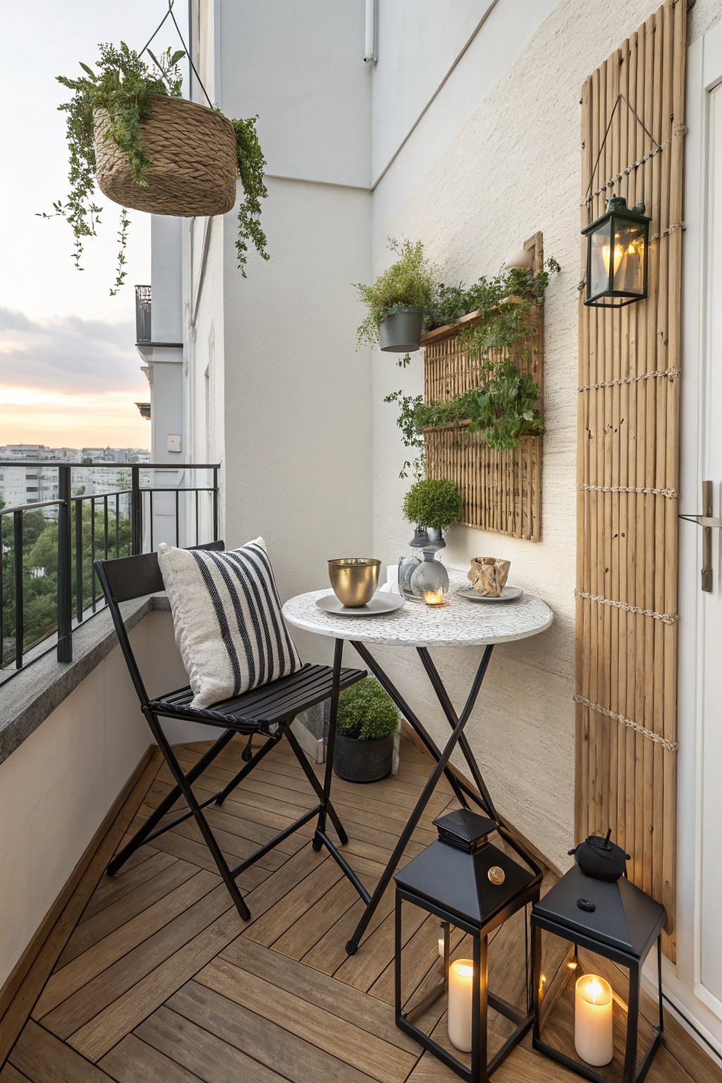 A small balcony with a round mosaic table, black folding chair with a striped cushion, wall-mounted bamboo planters, a hanging basket, and two black lanterns with lit candles on a wooden deck.