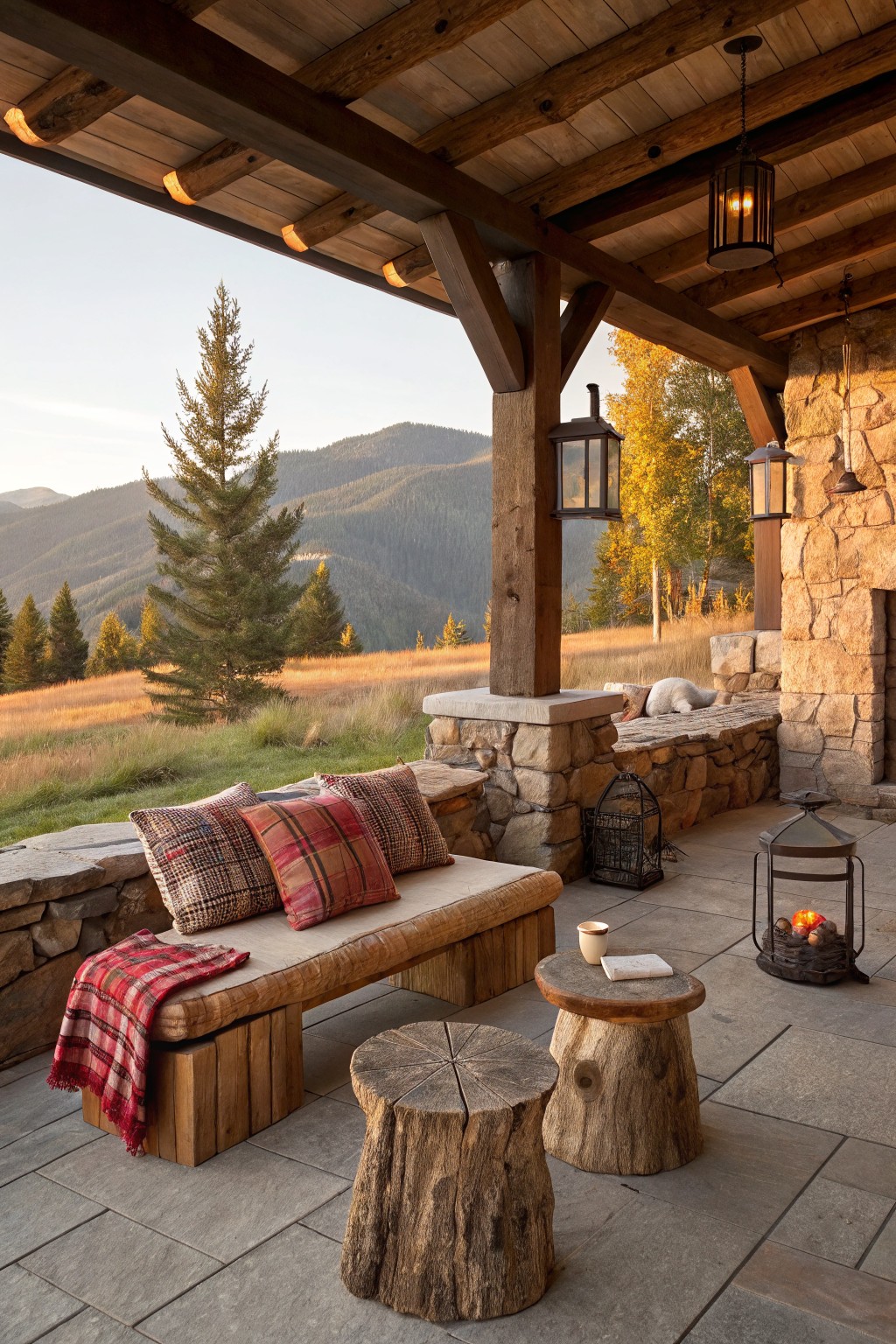A covered stone patio with a wooden bench and plaid cushions, several tree stump stools, lanterns, and a view of mountains and fields.