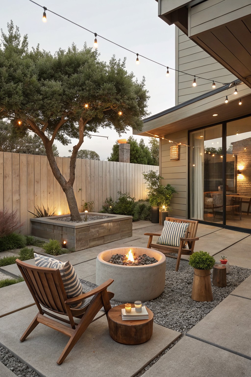A backyard patio featuring a round concrete fire pit with burning wood, two wooden lounge chairs with striped cushions, string lights, and a tree planted in a raised concrete bed.