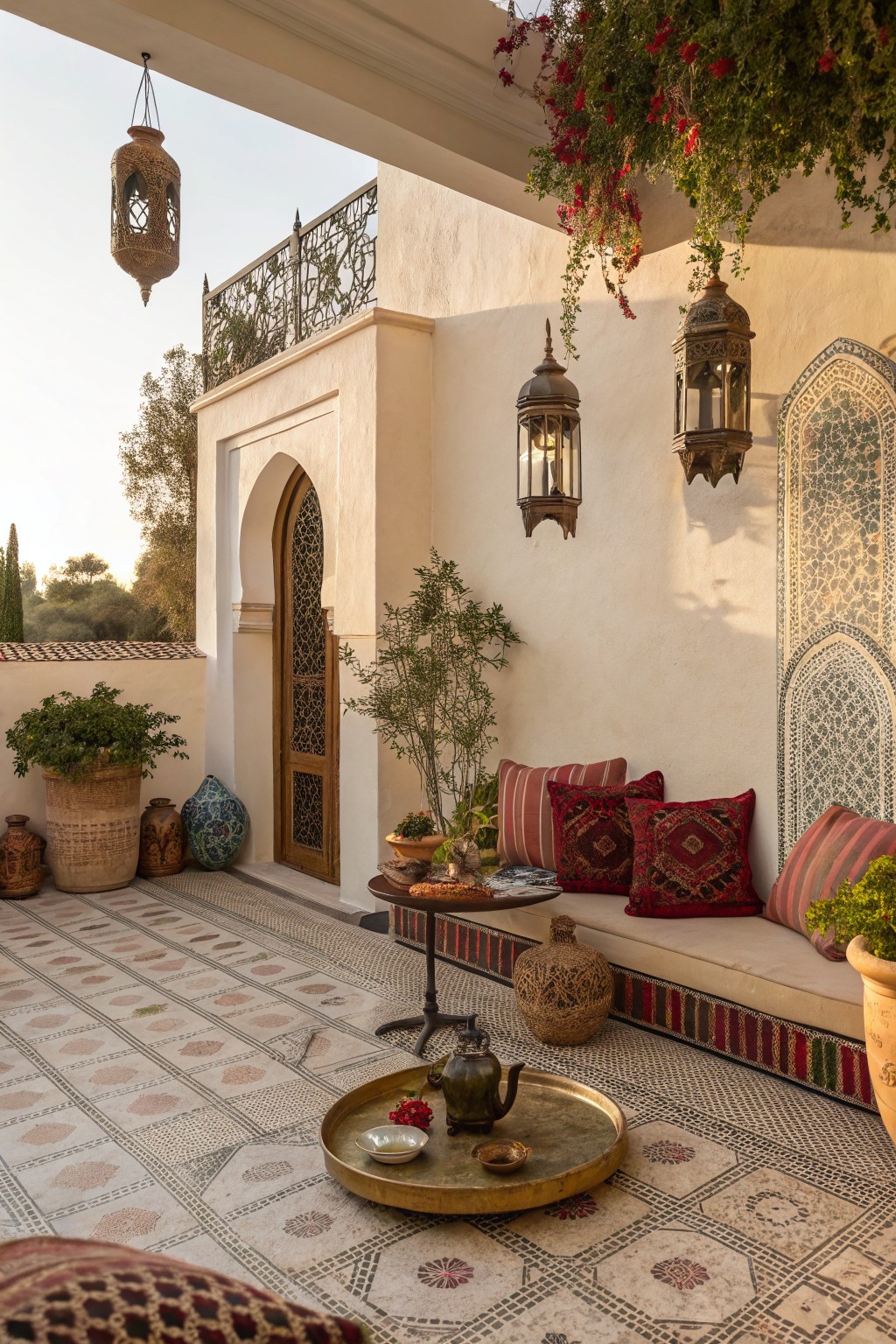 A sunlit patio with a built-in bench lined with red and striped cushions, two low round tables, wall lanterns, and patterned tile flooring.