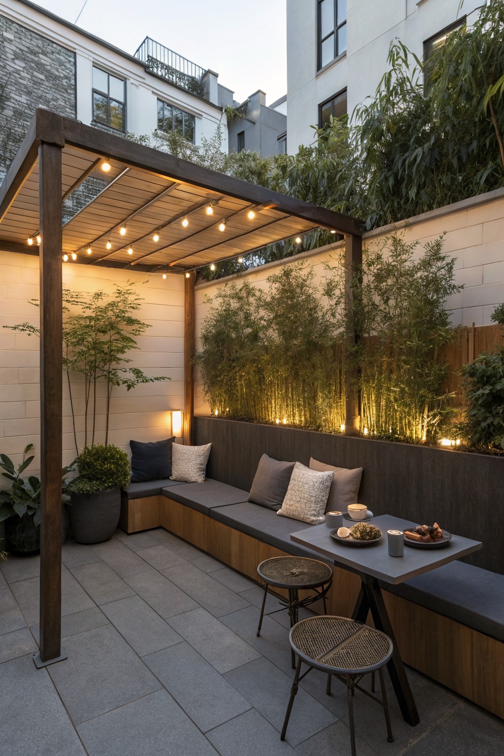 A wooden pergola with string lights over built-in bench seating on a stone patio, with cushions, a small table, and tall plants along a white wall.