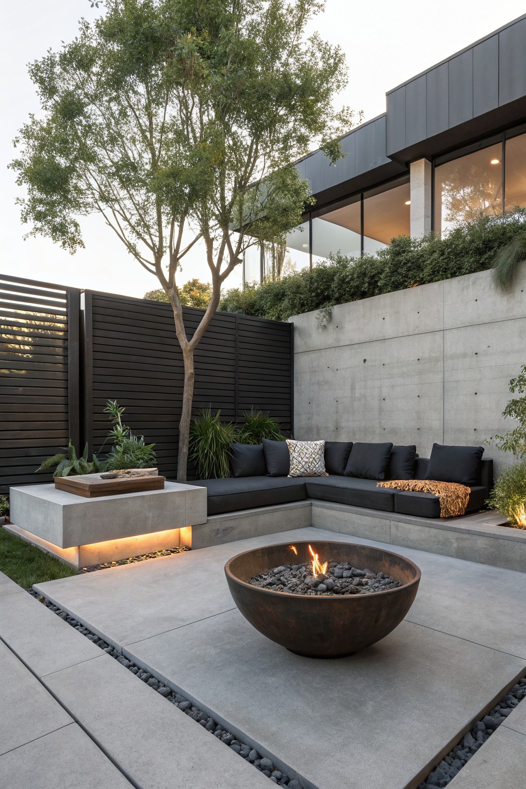 A modern outdoor patio with an L-shaped built-in sectional sofa on a concrete platform, a large metal fire pit bowl with flames in the foreground, a tree, dark fencing, and a contemporary house with large windows.
