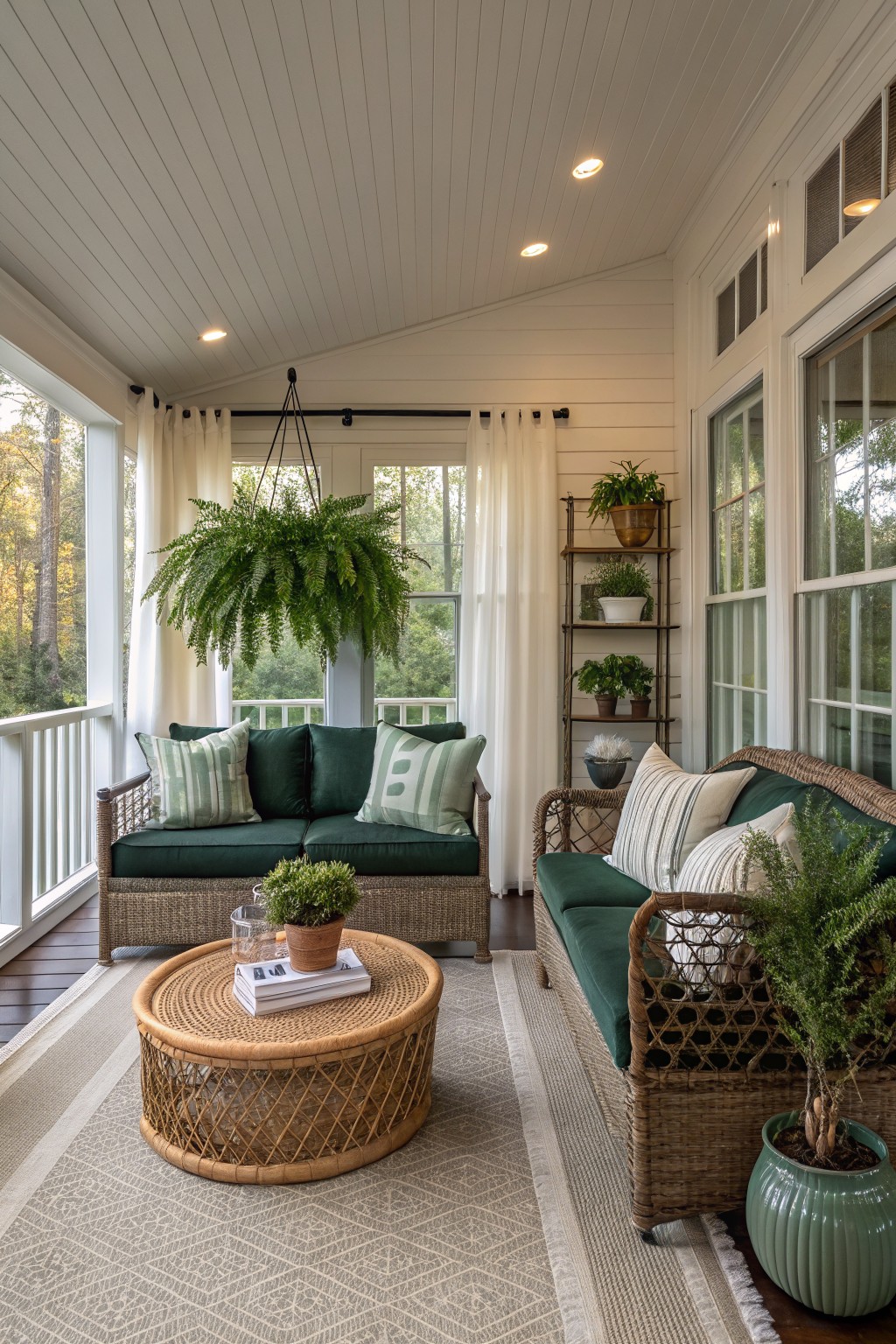 A covered porch with two green-cushioned wicker sofas facing each other around a round rattan coffee table, accented by hanging ferns and potted plants.