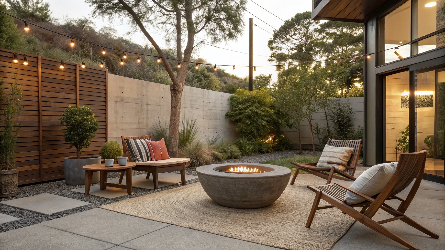 A backyard patio featuring a round concrete fire pit with burning wood, two wooden lounge chairs with striped cushions, string lights, and a tree planted in a raised concrete bed.