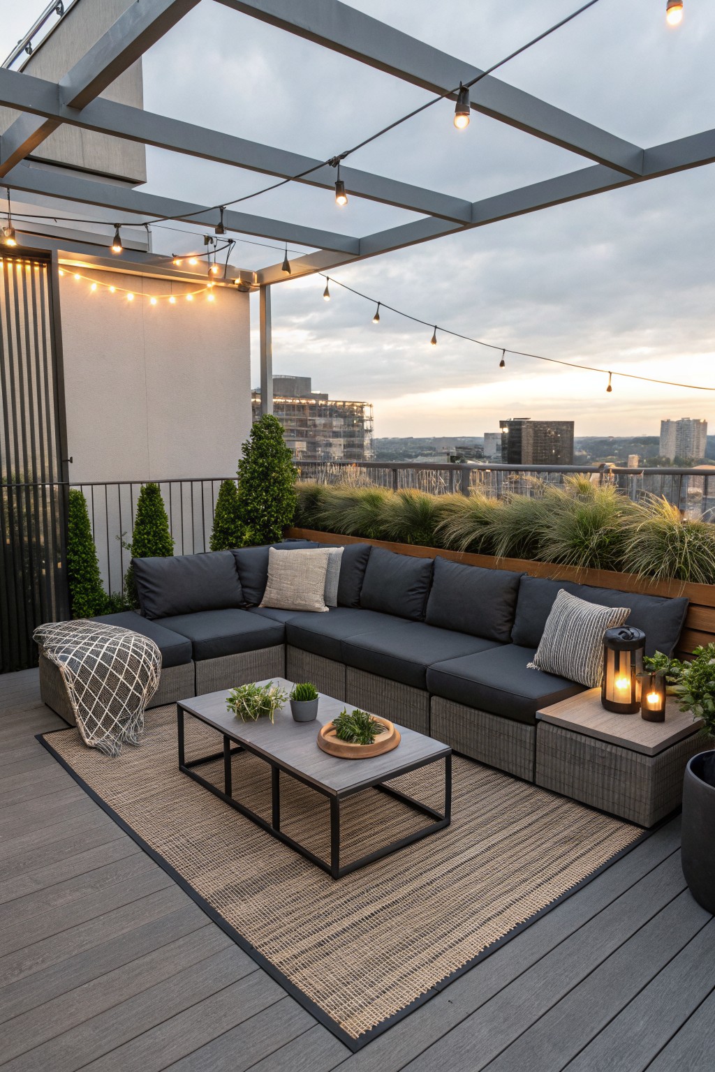 Rooftop patio with large L-shaped sectional sofa under a metal pergola, string lights, coffee table on a rug, and city skyline view.