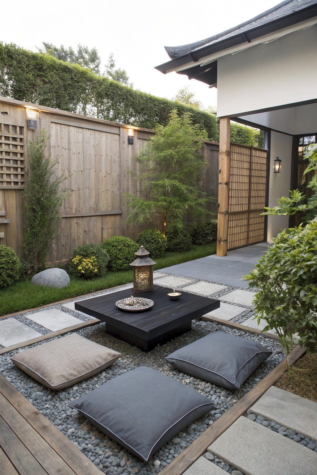 A low dark wooden table with cushions arranged on gravel in an outdoor patio area bordered by plants and fencing.